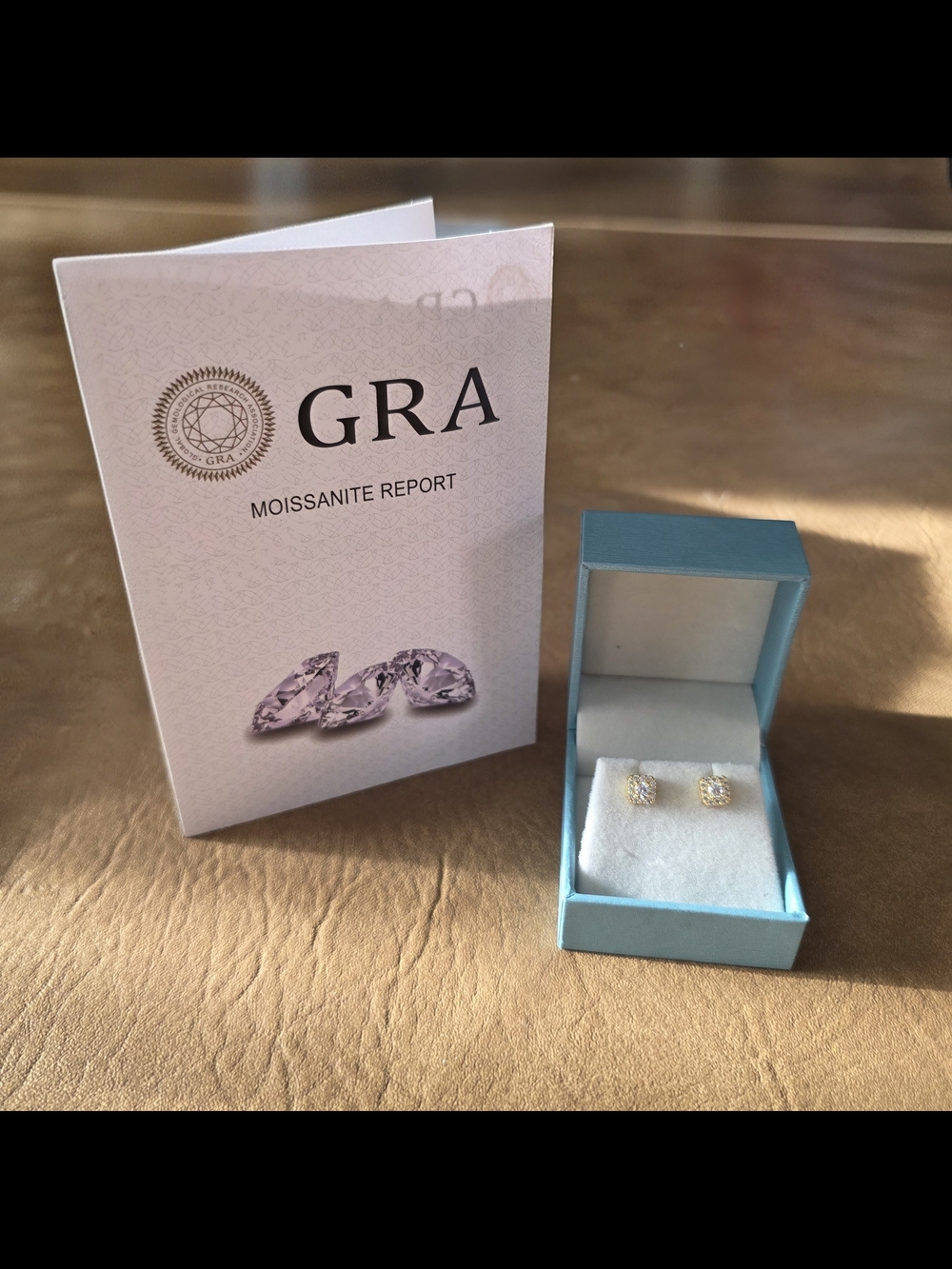 GRA Moissanite Stud Earrings in Blue Jewelry Box
